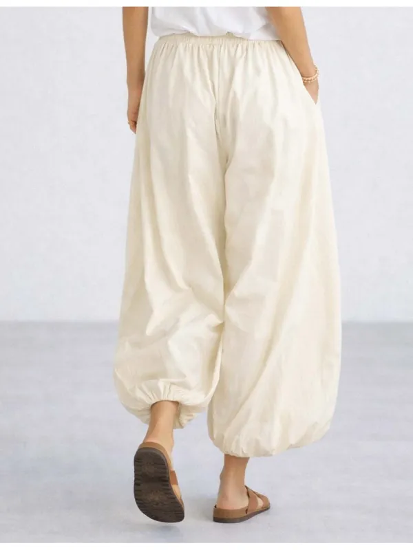 Solid Color Elastic Waist Drawstring Lantern Pants