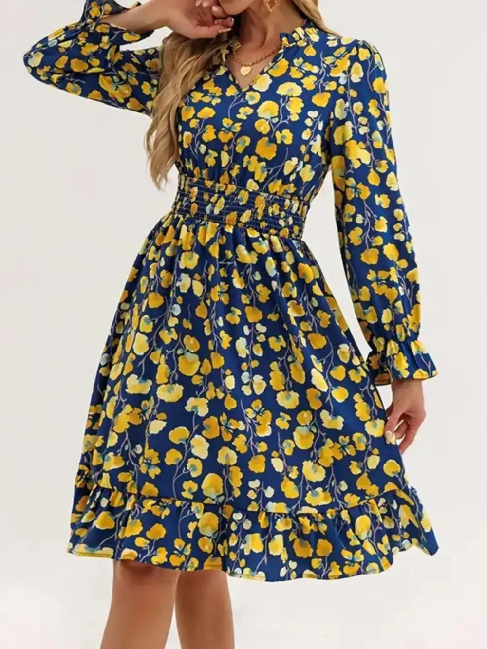 Layered Detail Floral Printed Ruffle Dress