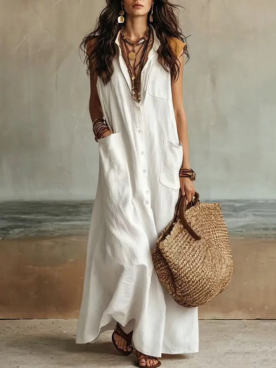 Loose Buttoned Sleeveless Maxi Dress