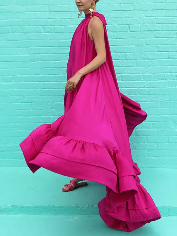 Loose Sleeveless Falbala Stand Collar Maxi Dress