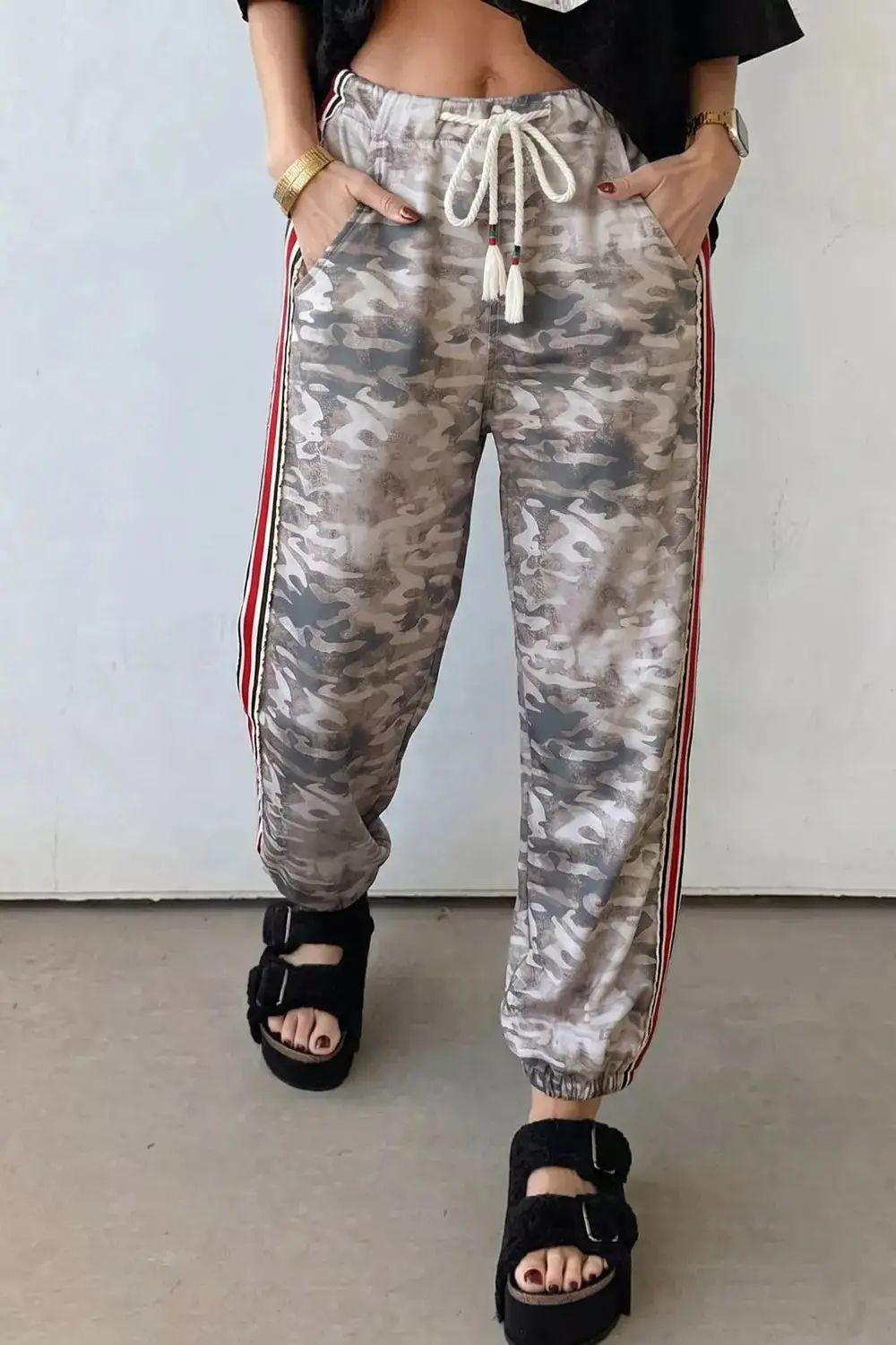Drawstring Pocketed Camouflage Jogger Pants