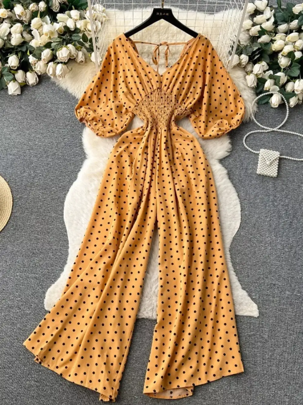 Smocked V Neck Wide Leg Jumpsuit