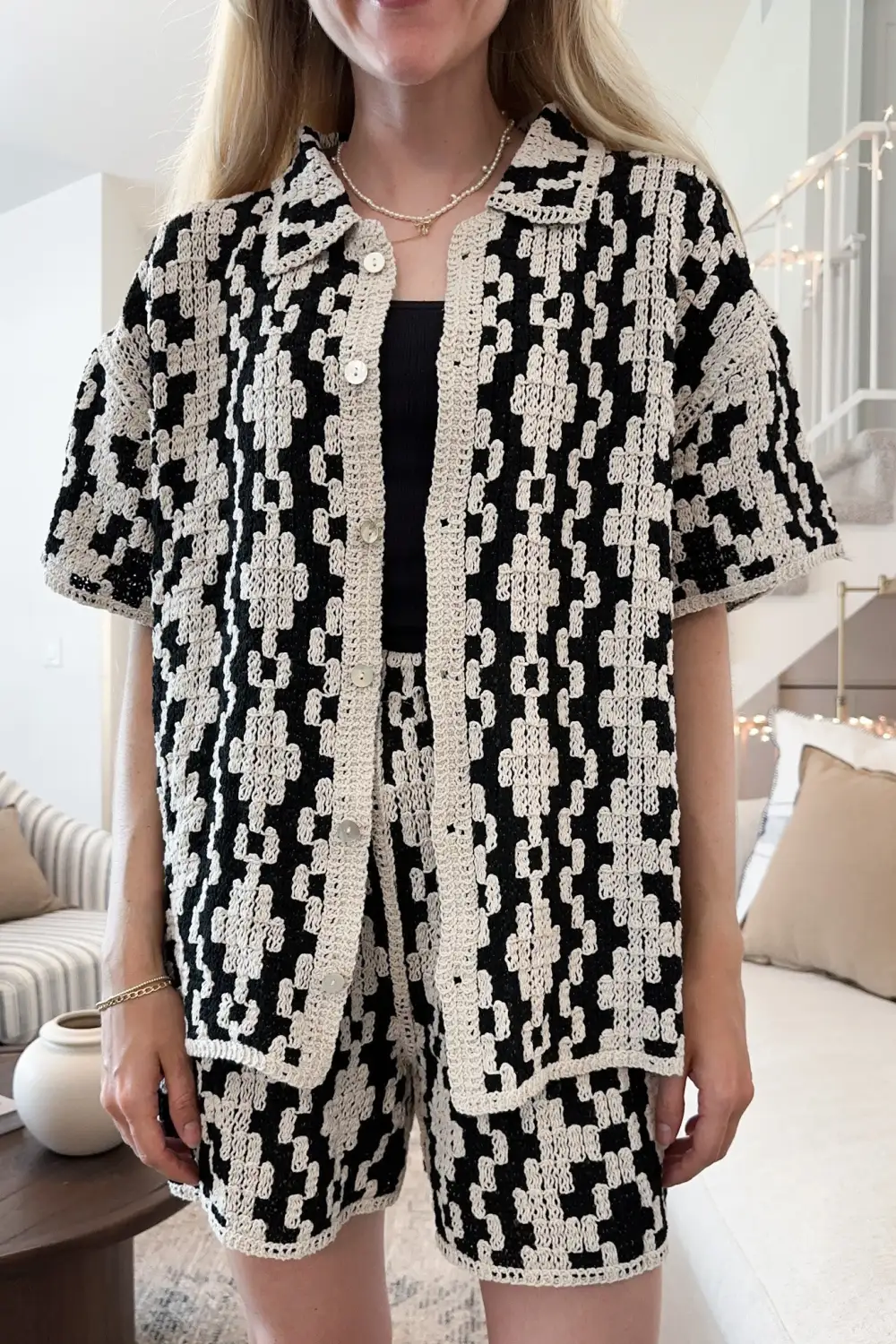 Cotton Crochet Button Front Button Down Shirt