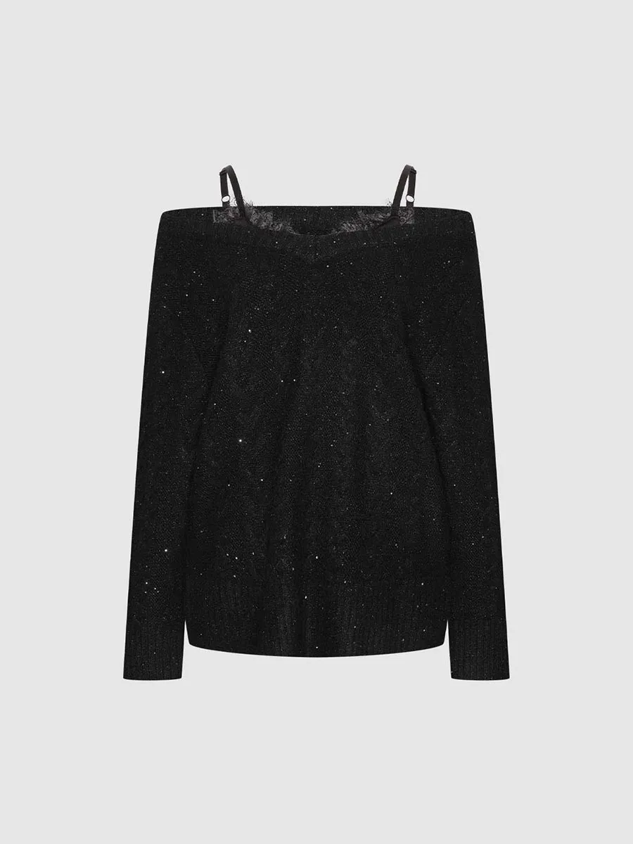 Lady's Off-The-Shoulder Sweater With Shiny Straps