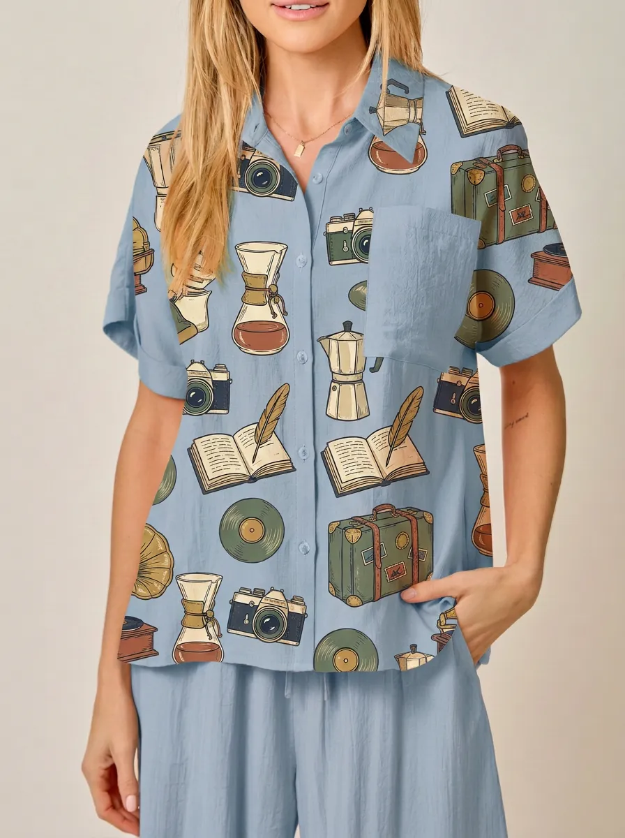 Women's Vintage Hobby Lover Camera Book Coffee Printed Shirt