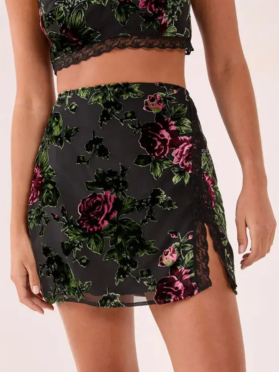Women's Black Rose Print Lace Slit Mini Skirt