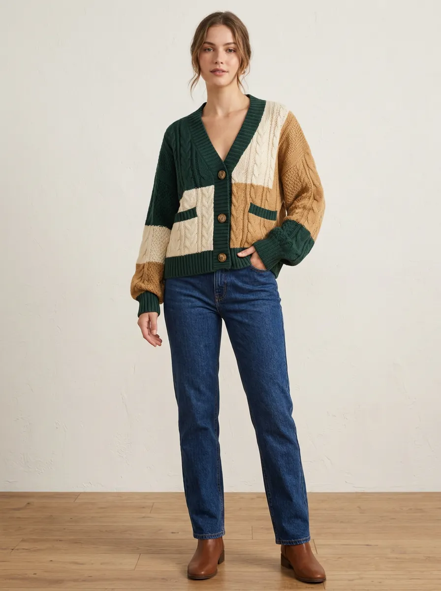 Women's Multi-Color Colorblock Cable Knit Cardigan Cable-Knit