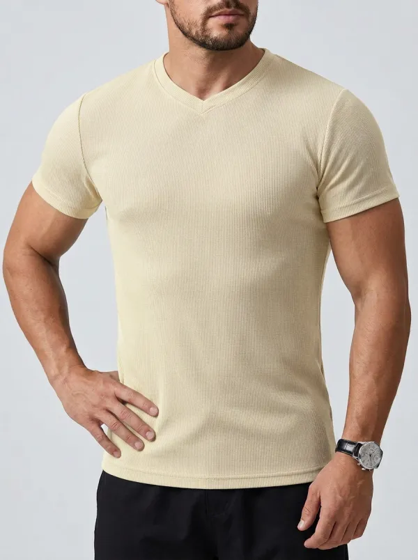 Minimal Ribbed V-Neck Silhouette Men's Slim Fit Short Sleeve T-Shirt