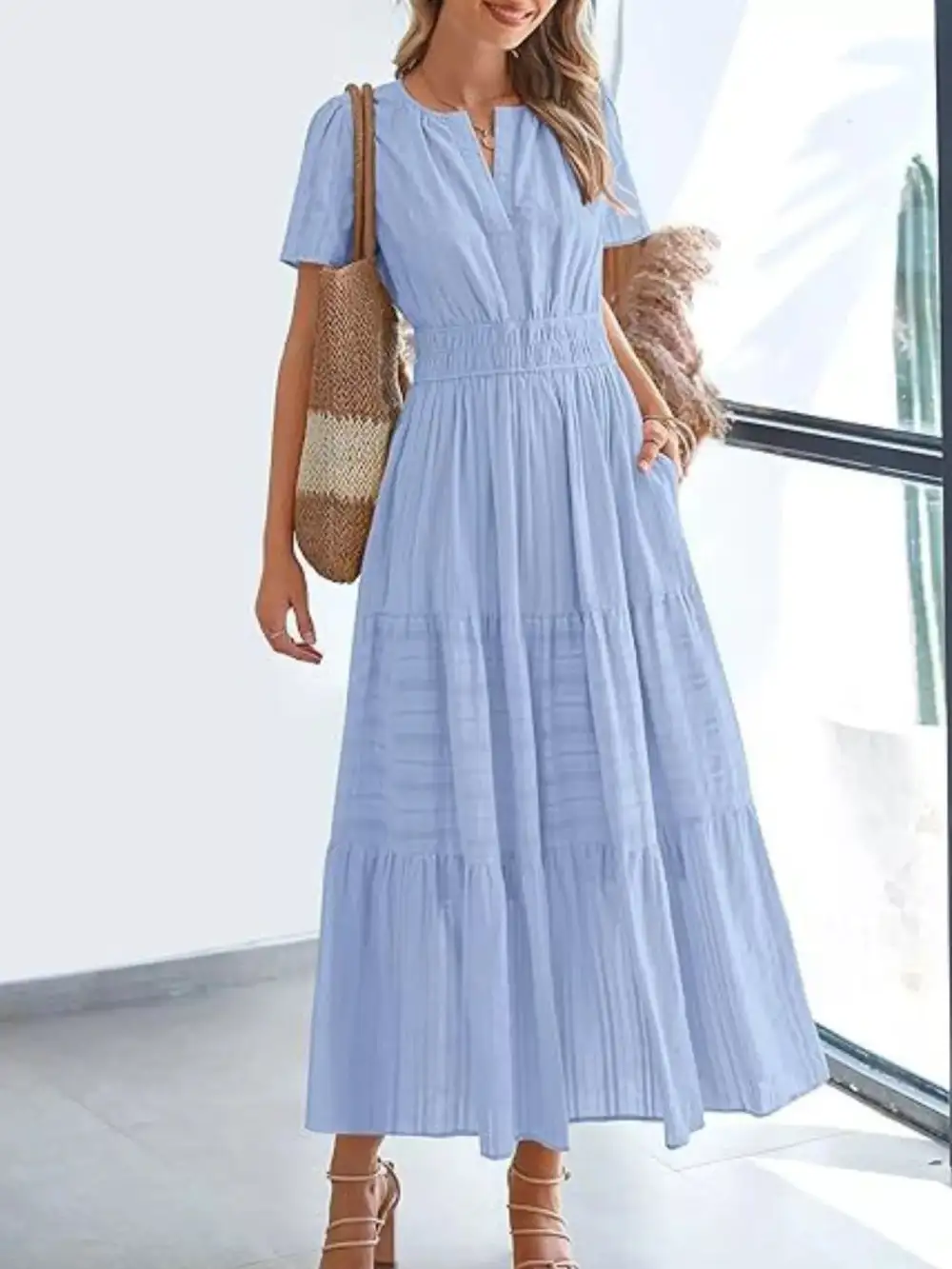 Full Size Short Sleeve Tiered Midi Dress Plus Size