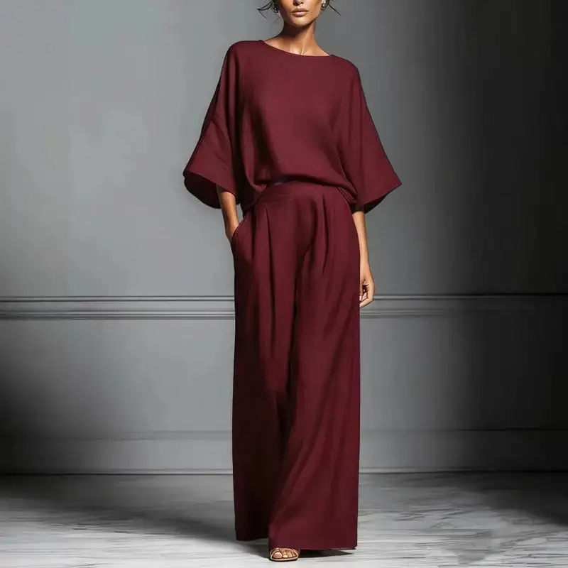 Women's Loose Fit Batwing Top And Pleated Pants Set