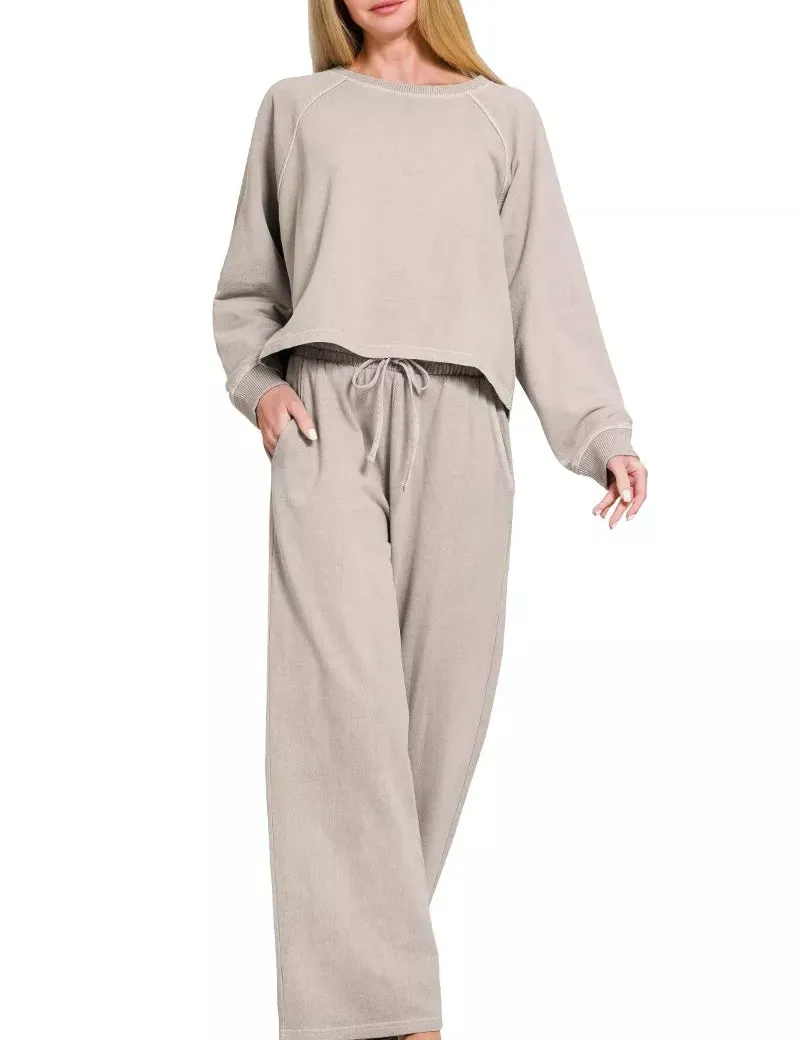Washed F Terry Round Neck Pullover Pants Set