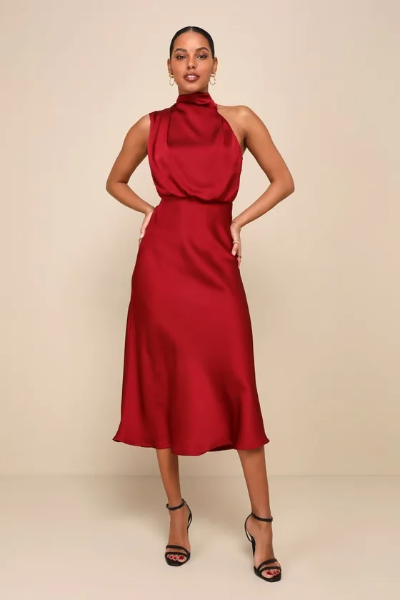 Distinctive Charm Red Orange Satin Asymmetrical Midi Dress