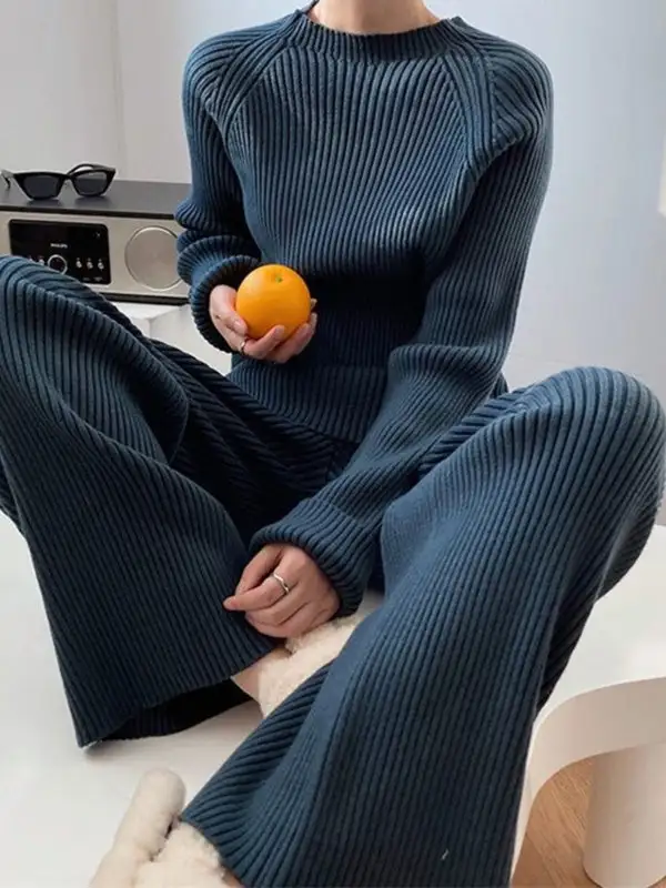 Relaxed Round Neck Side Split Sweater And Pants Set