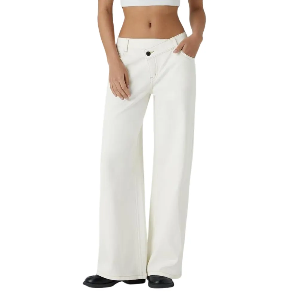 Asymmetric Low Rise Zipper Pockets Baggy Wide Leg Washed Casual Jeans