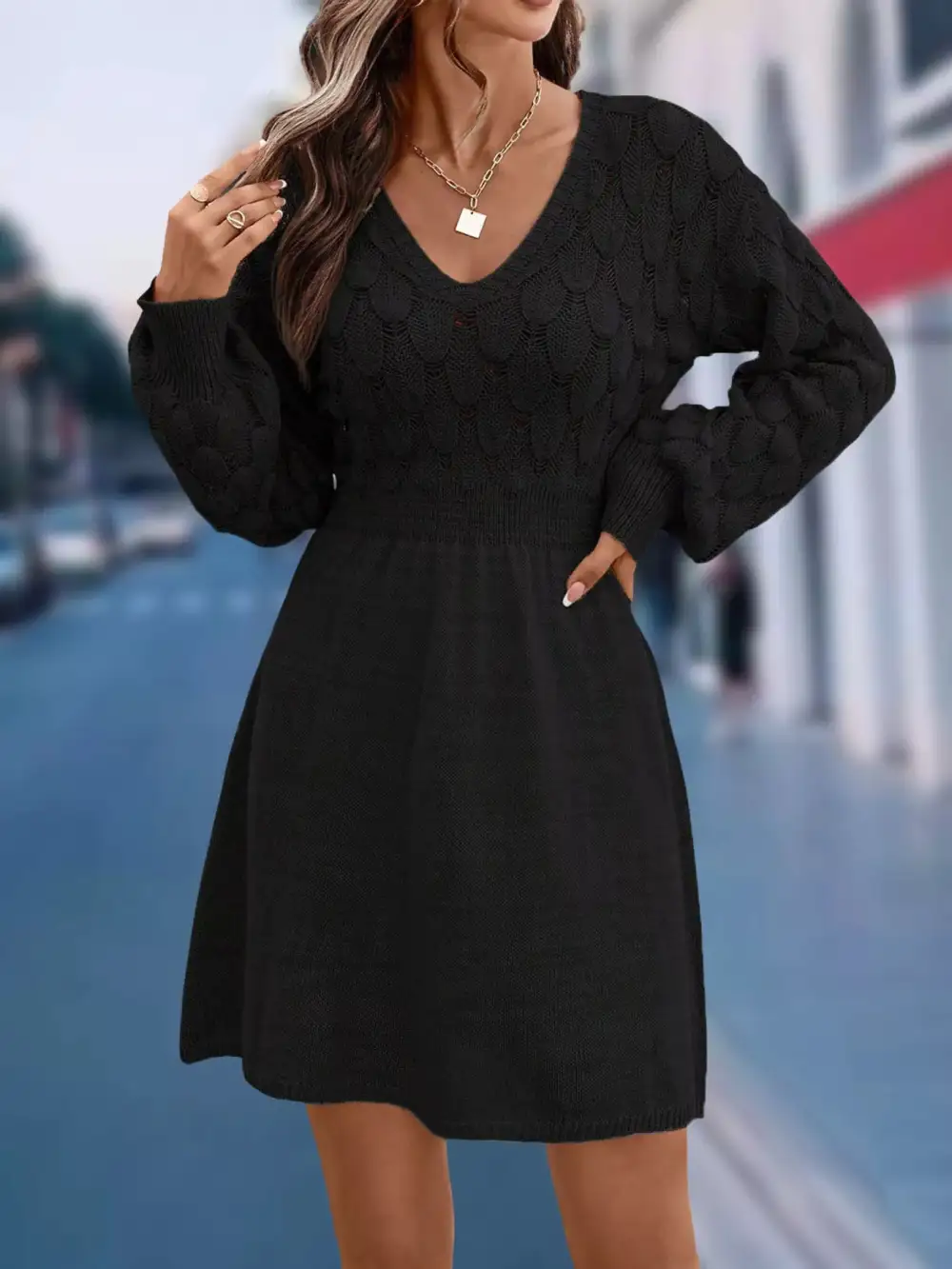 V-Neck Long Sleeve Sweater Knit Dress