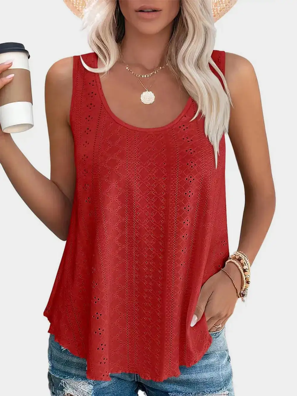 Eyelet Round Neck Tank With Sheer Detail