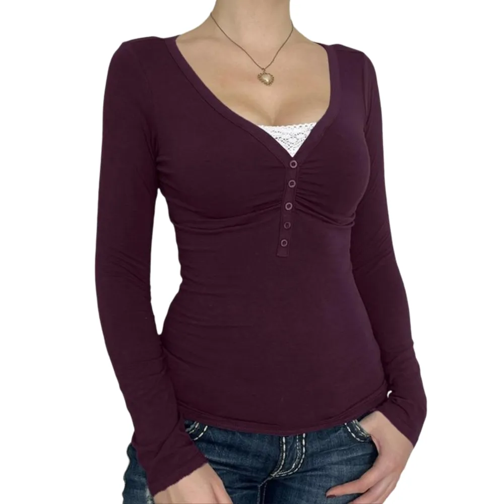 Women's Contrast Lace Button V Neck Tee