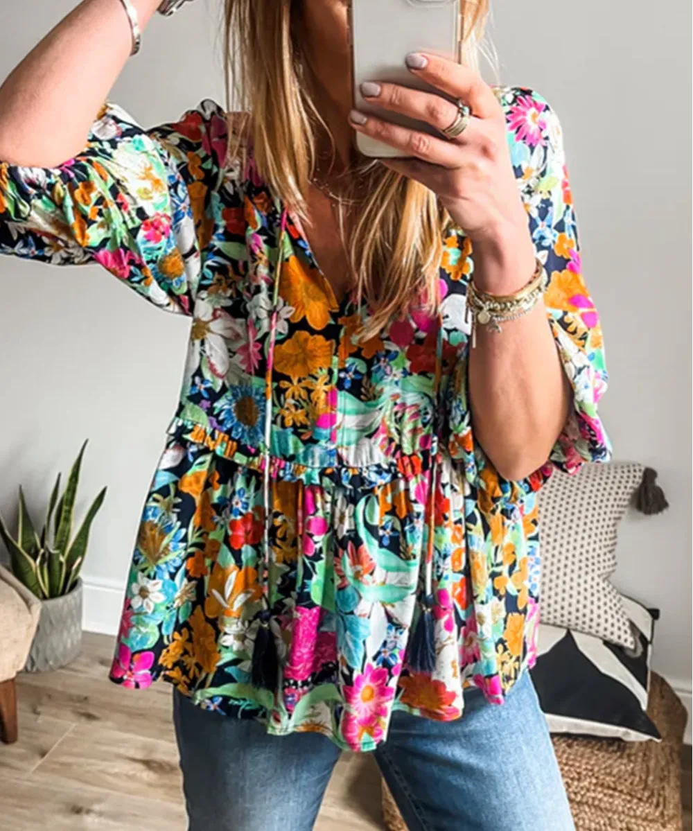 Floral Print Bubble Sleeve V Neck Ruffled Blouse