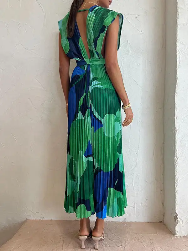 Loose Pleated Printed Sleeveless Neck Maxi Dress