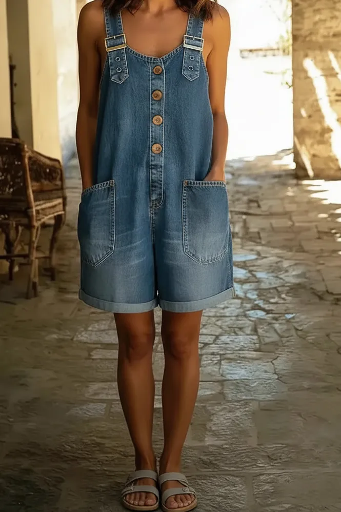 High-Waisted Denim Shorts Jumpsuit