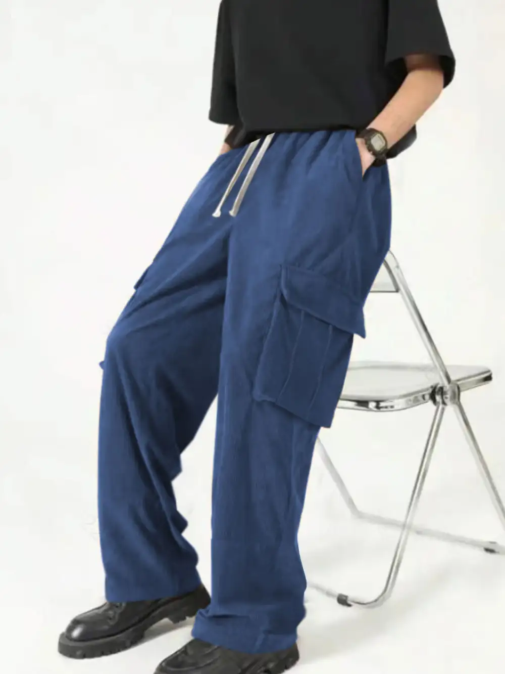 Men's Loose Wide Corduroy Cargo Pants Waistband Pockets