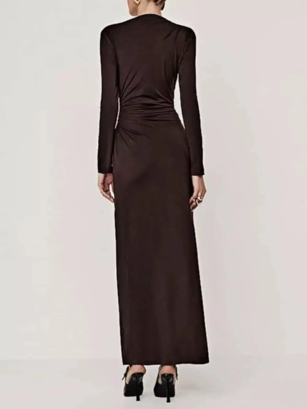 Balanced Detail Ruched Long Sleeve Maxi Dress