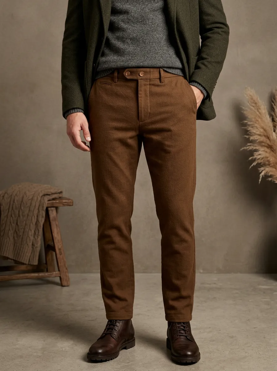 Men's Fall Winter Wool Blend Slim Fit Button Fly Trousers