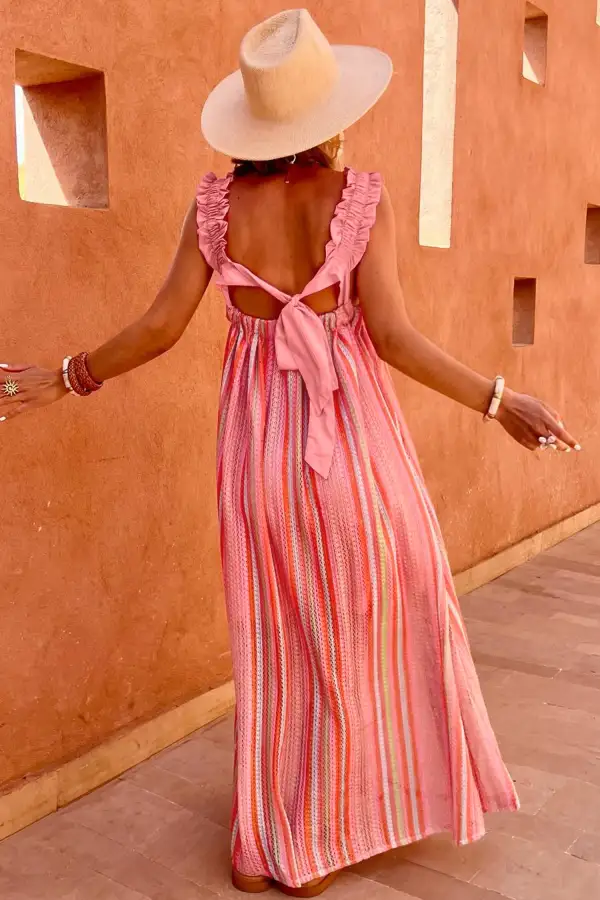 Striped Ribbed Ruffle Maxi Dress