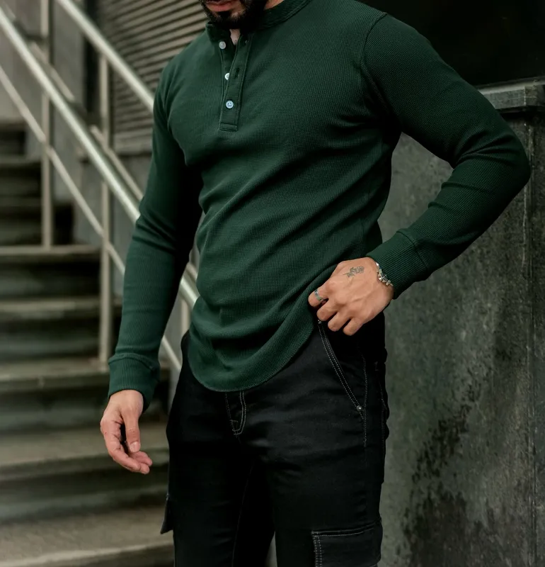 Dark Green Long Sleeve Henley Casual Shirt
