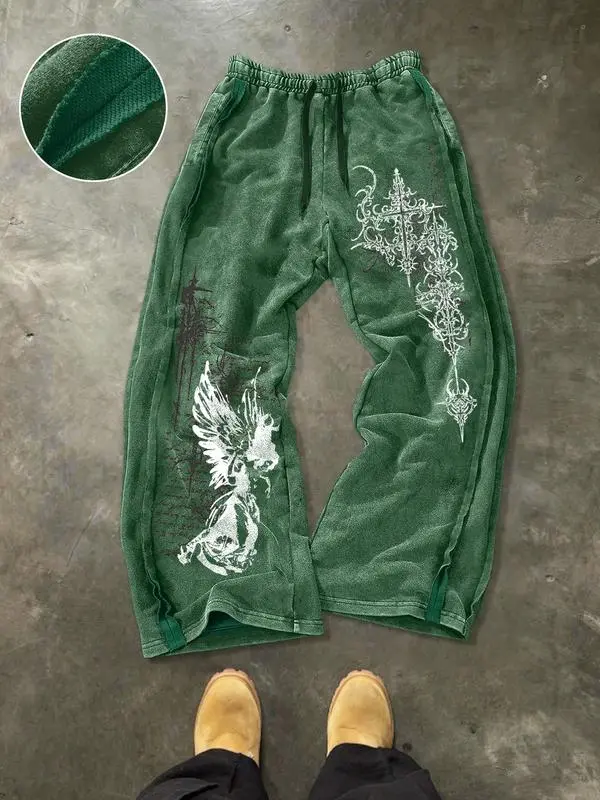 Men's Washed Cotton Sweatpants with Side Stitching, Gothic Pattern, Comfortable Casual Pants for Daily Wear