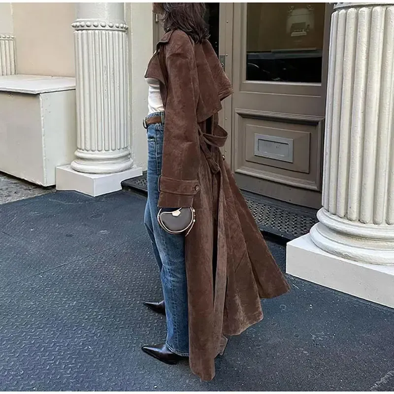 Women's Autumn And Winter Faux Suede Long Trench Coat Notched Lapel Double-Breasted Long Coat With Belt Casual Longline Outerwear Womenswear Jackets
