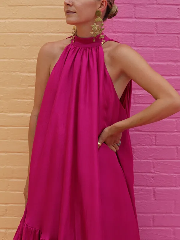 Loose Sleeveless Falbala Stand Collar Maxi Dress