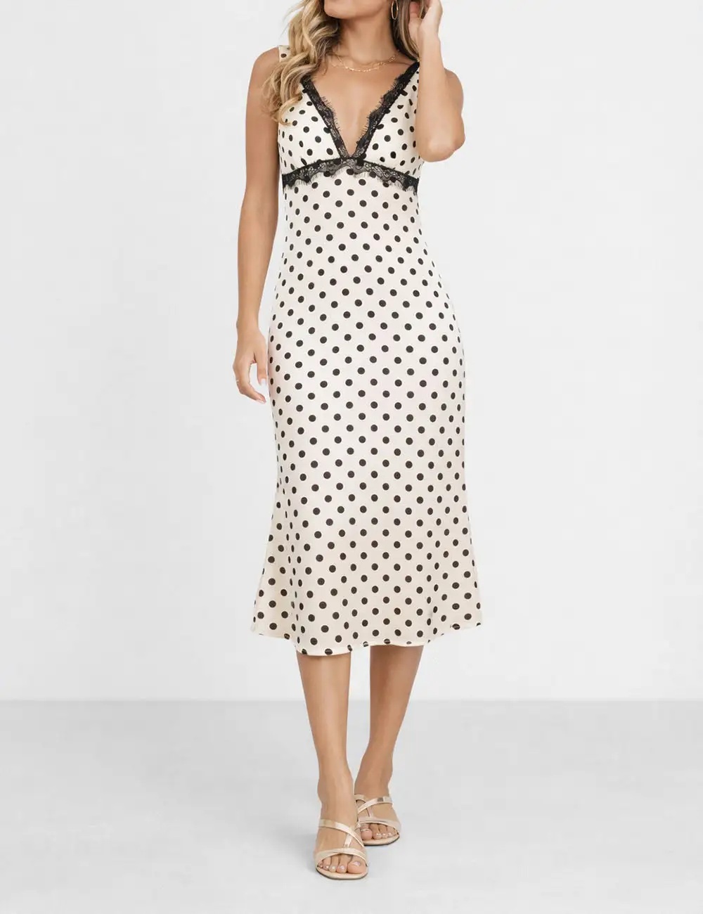 Chic Polka Dot Lace Trim V Neck Sleeveless Midi Dress