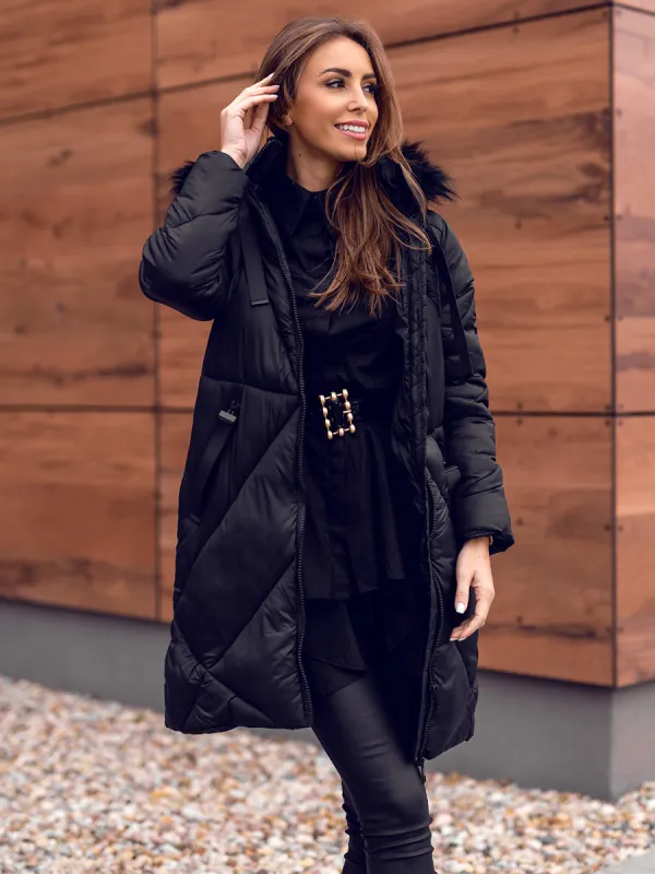 women's black quilted winter jacket with hood