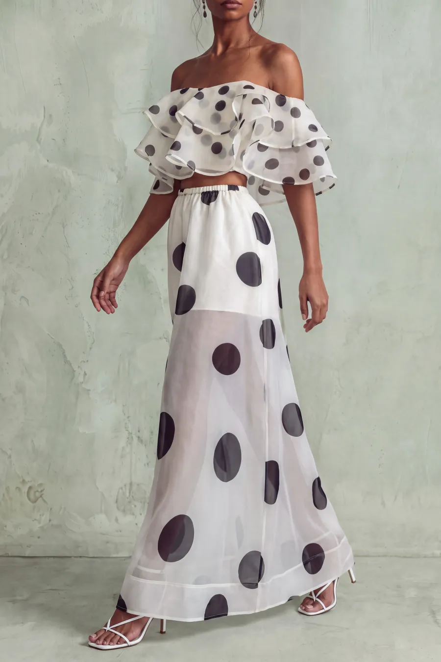 Off Shoulder Polka Dot Matching Skirt Set