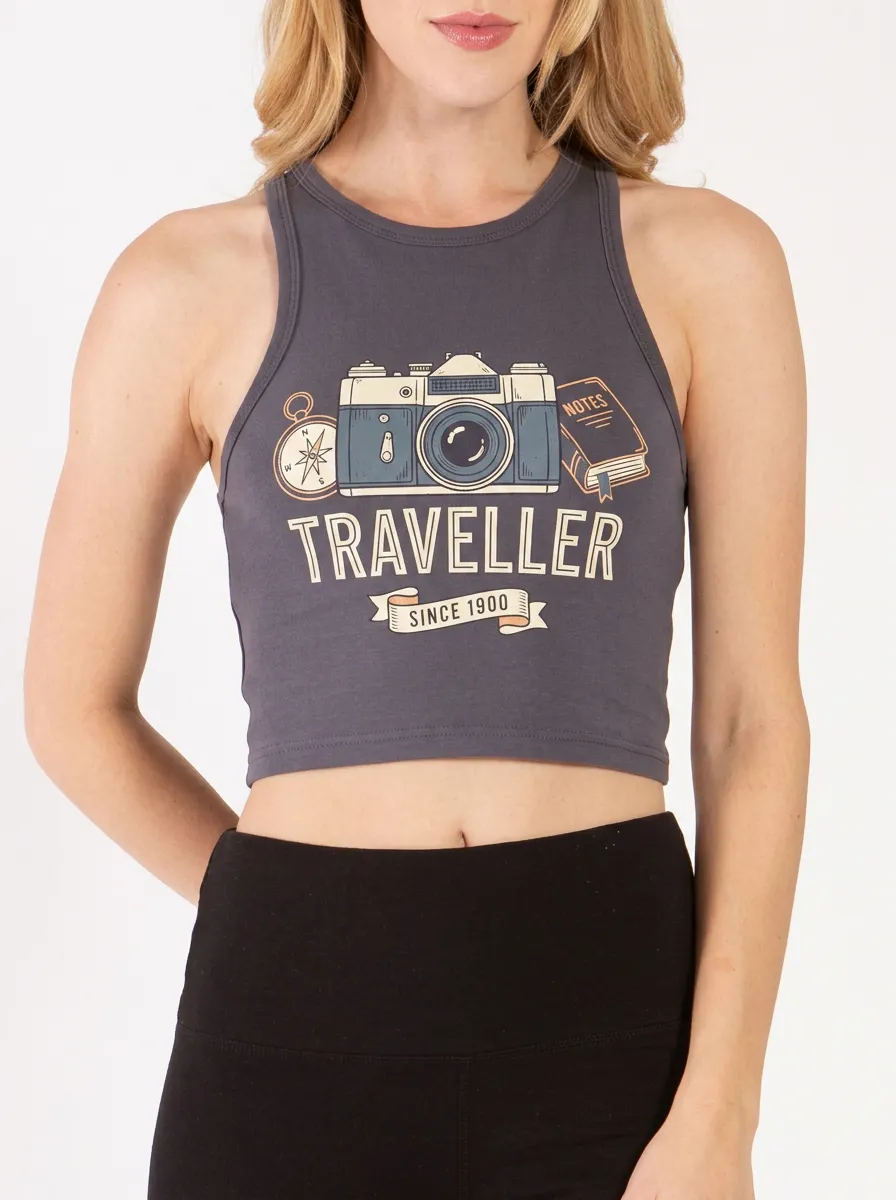 Women's Travel Lover Camera Compass Printed Crop Top