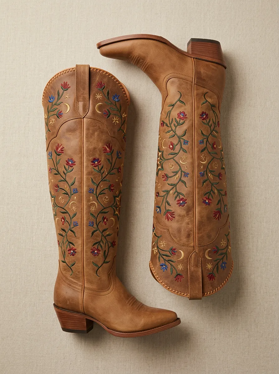 Women's Western Floral Moon Star Embroidered Block-Heel Stacked-Heel Denim Over-the-Knee Boots
