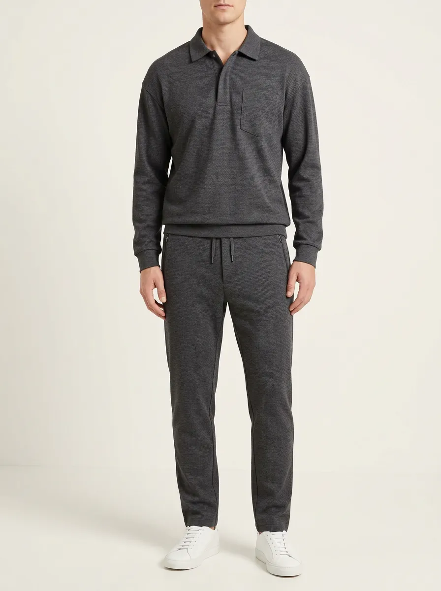 Men's Practical Textured Polo Collar Jacket and Jogger Pants Set