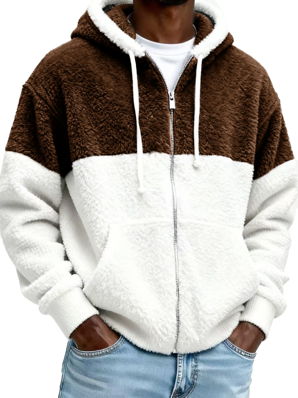 Men’s Stylish Casual Patchwork Plush Warm Long-sleeved Hooded Jacket