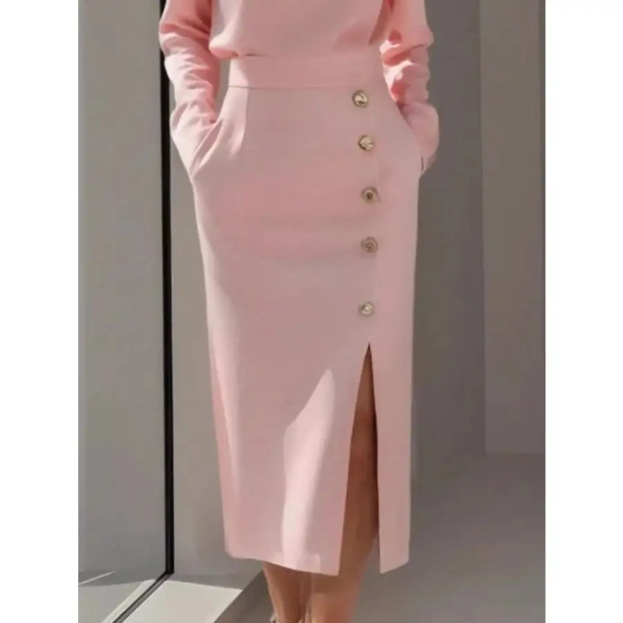 Long Sleeve Button Detail Midi Dress with Side Slit