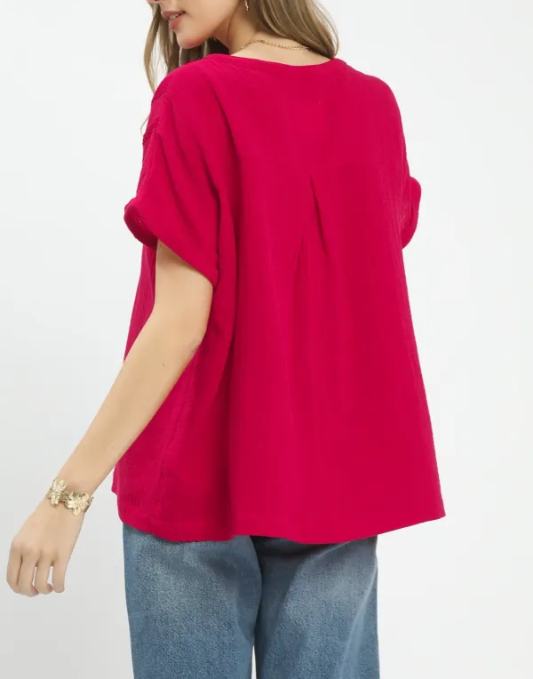 Cotton Textured Gauze Embroidered Buttoned Split-Neck Boho Blouse