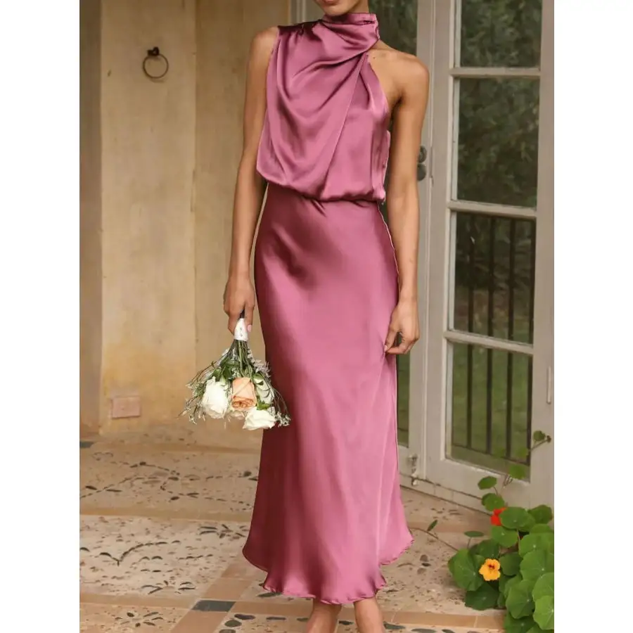 Asymmetrical Ruched Sleeveless Midi Dress