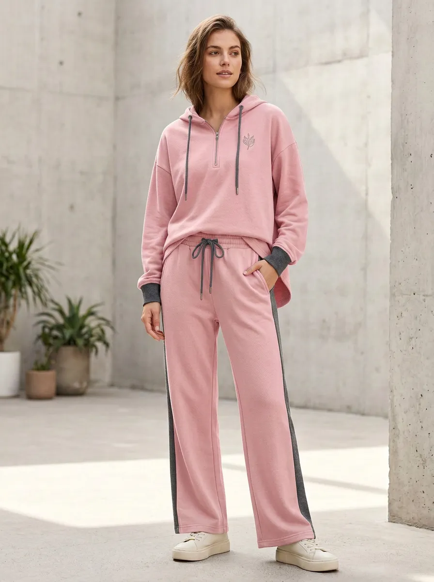 Women's Sage Green Leaf Embroidered Quarter-Zip Hooded Tracksuit