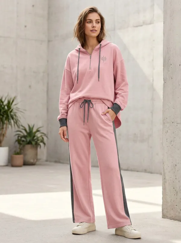Women's Sage Green Leaf Embroidered Quarter-Zip Hooded Tracksuit
