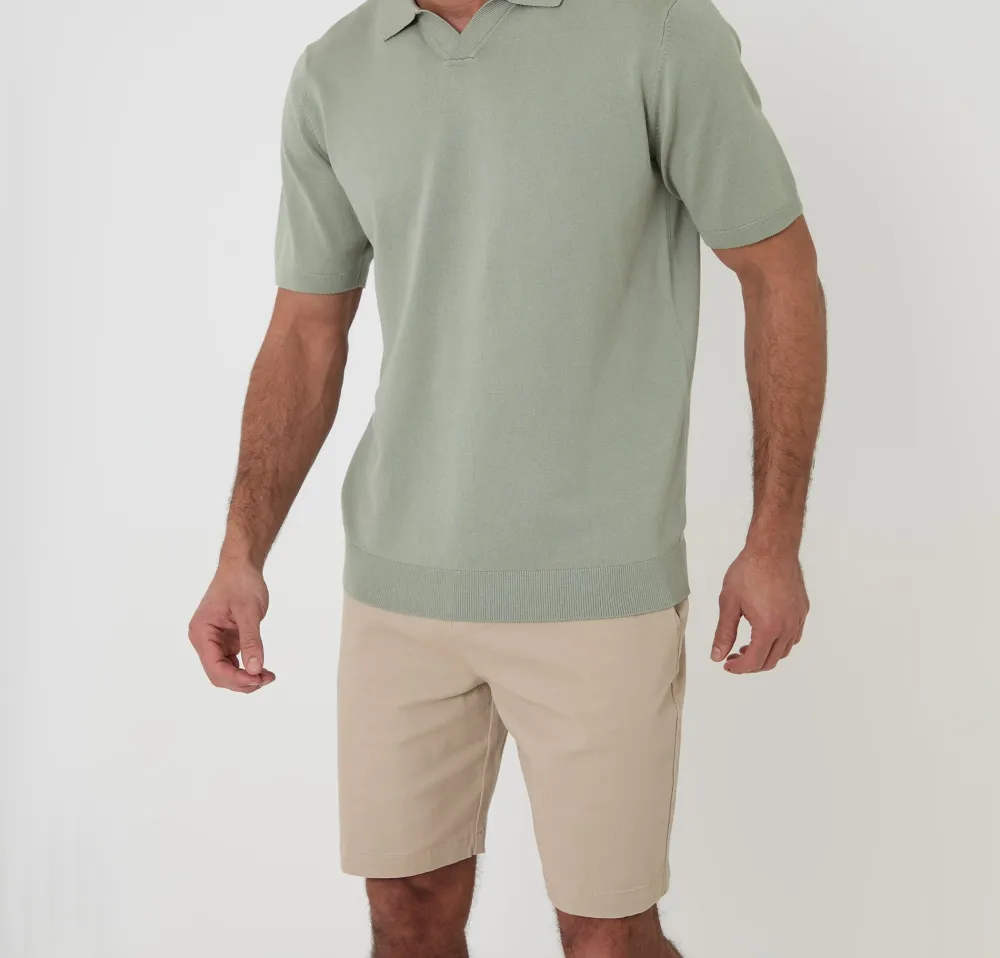 Men's Sage Green Knitted Open-Collar Polo