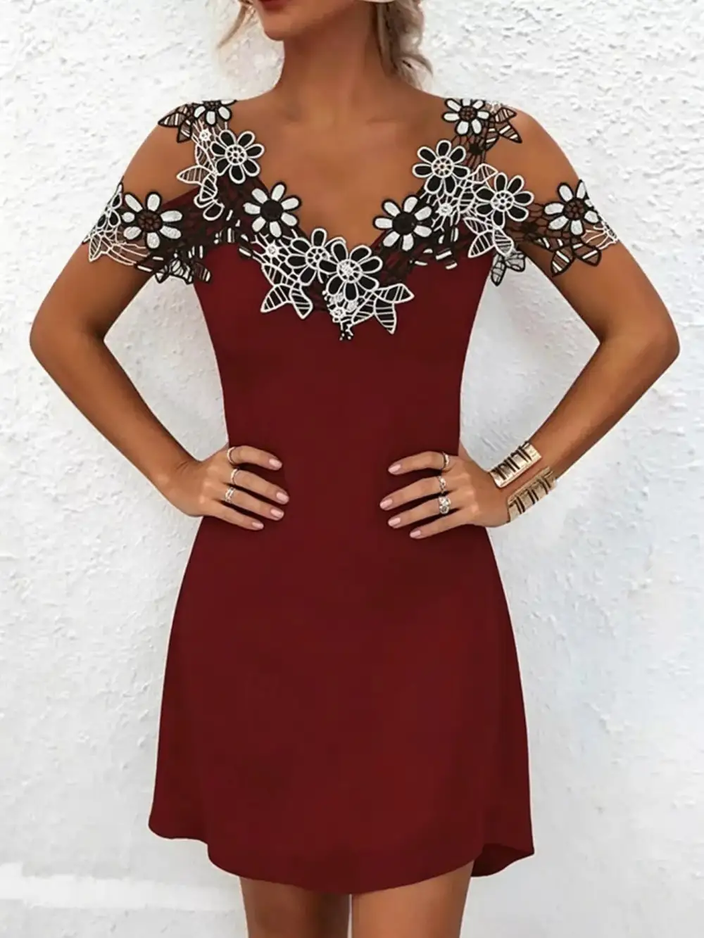 Lace Floral Trim Cold Shoulder Mini Dress