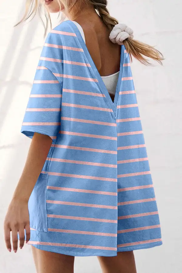 Striped Neck Sleeve Relaxed Romper