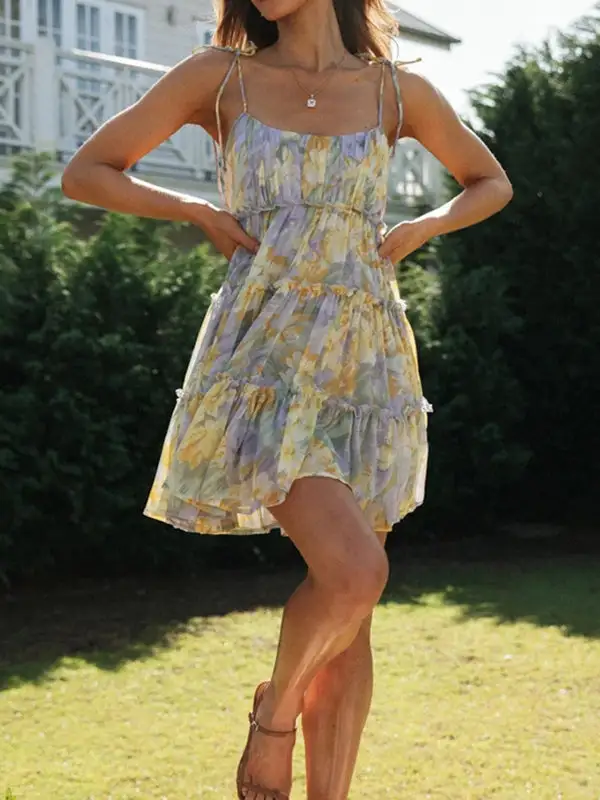 A Line Relaxed Flower Print Layered Pleated Split Joint Tied Spaghetti