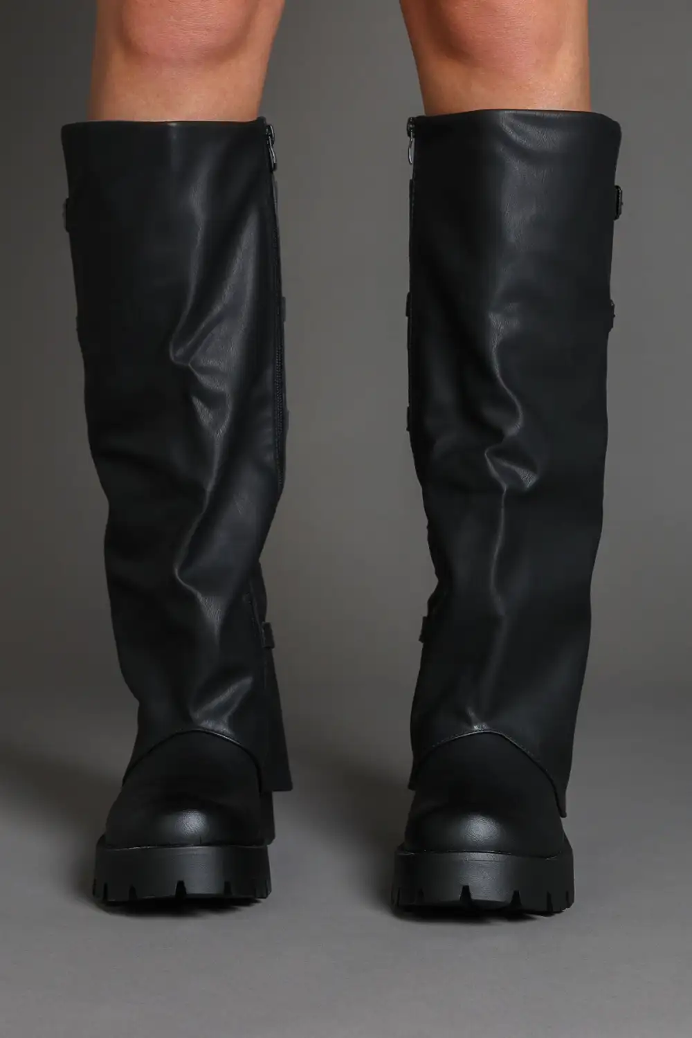 Classic Slouch Fold-Over Chunky Sole Lug Sole Knee High Boots