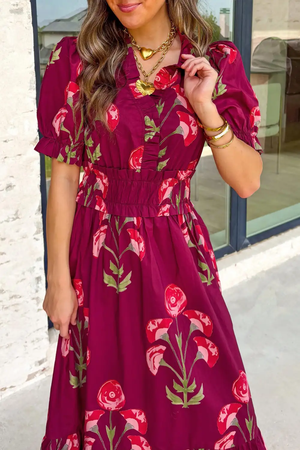 Lightweight Feel Floral Printed V Neck Maxi Dress